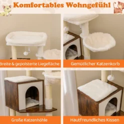 Katzenschrank mit Kratzbaum Katzenturm mit Sisal-Kratzpfosten Kratzmatte & hängendem Ball Katzenbaum Braun