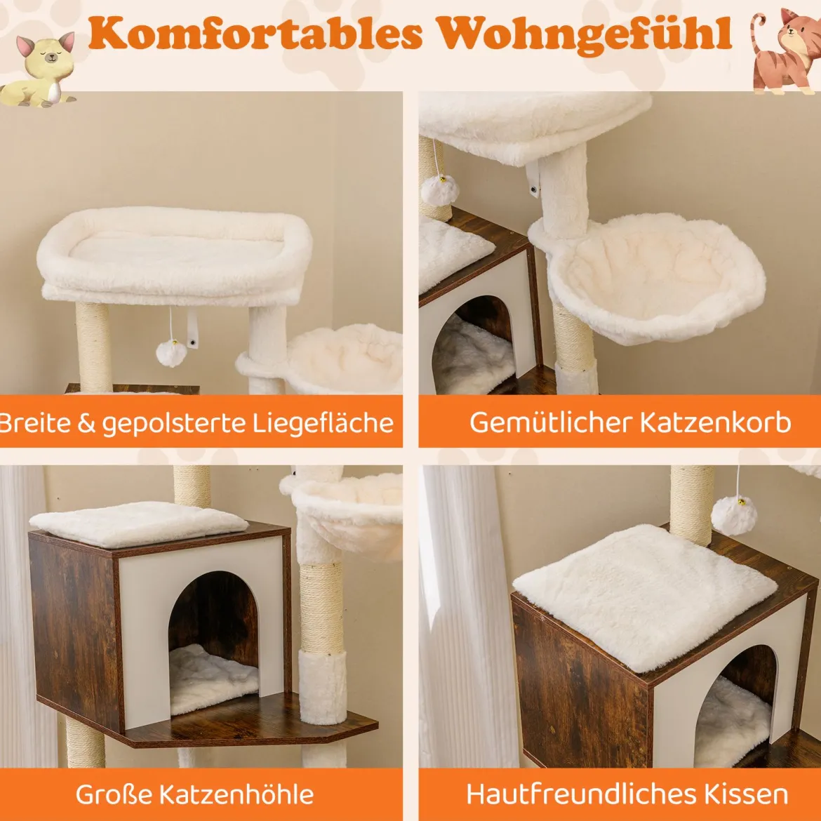 Katzenschrank mit Kratzbaum Katzenturm mit Sisal-Kratzpfosten Kratzmatte & hängendem Ball Katzenbaum Braun