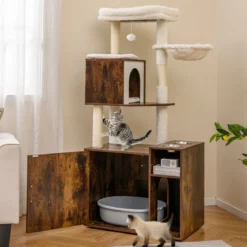 Katzenschrank mit Kratzbaum Katzenturm mit Sisal-Kratzpfosten Kratzmatte & hängendem Ball Katzenbaum Braun