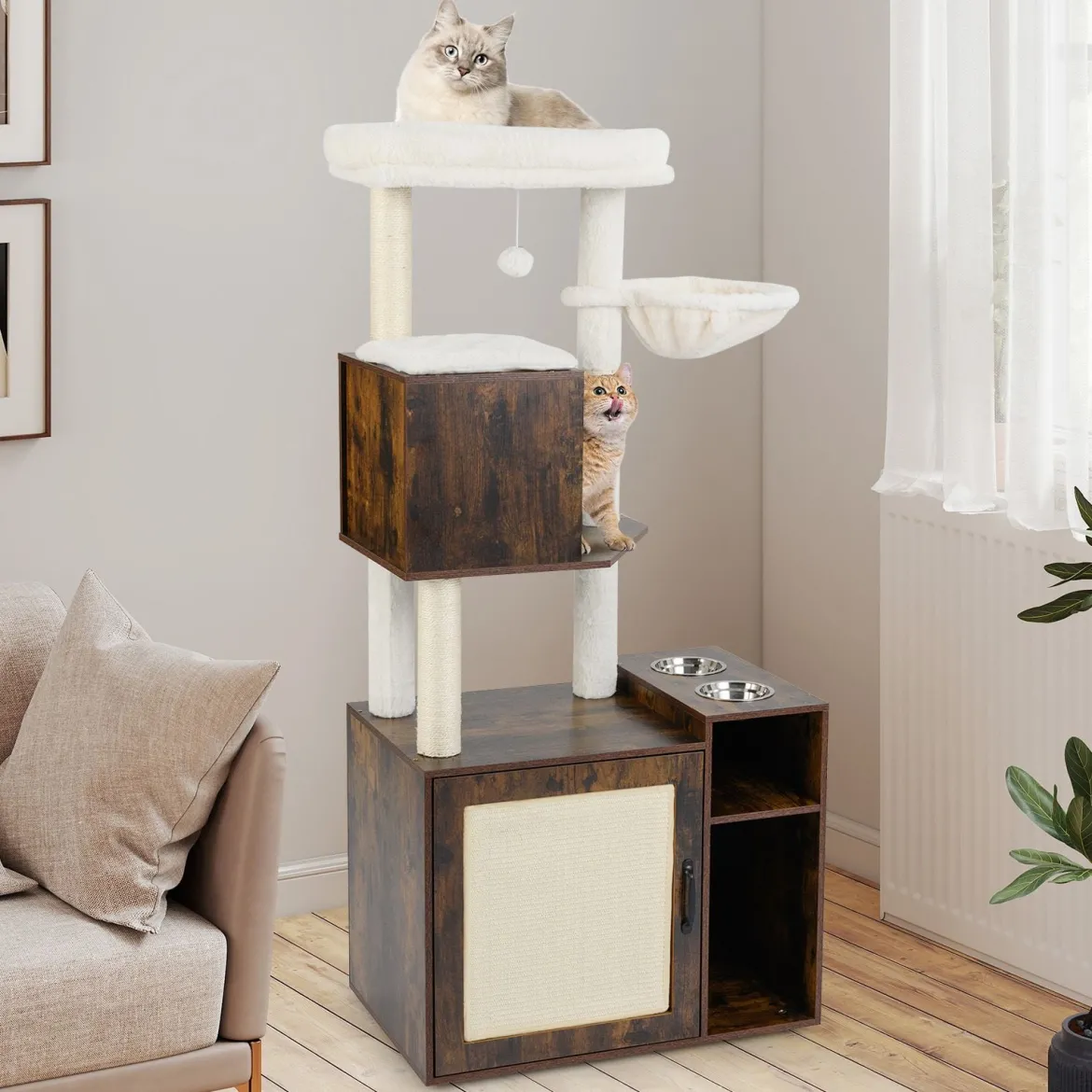 Katzenschrank mit Kratzbaum Katzenturm mit Sisal-Kratzpfosten Kratzmatte & hängendem Ball Katzenbaum Braun