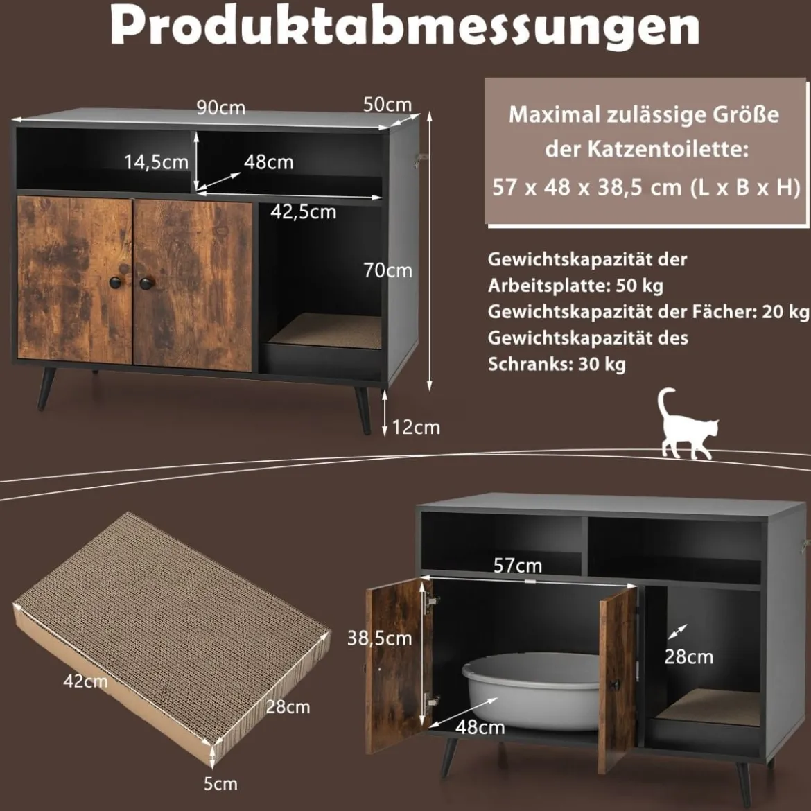 Katzenschrank mit Kratzunterlage & Schrägen Metallbeinen 90 x 50 x 70 cm