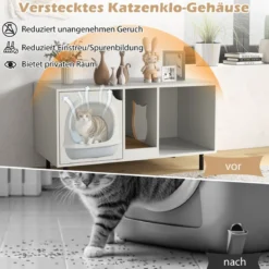 Katzenstreu-Box Verkleidung für 2 Katzen mit Abnehmbarem Kratzbrett Eingang in Katzenform bis 120 kg belastbar