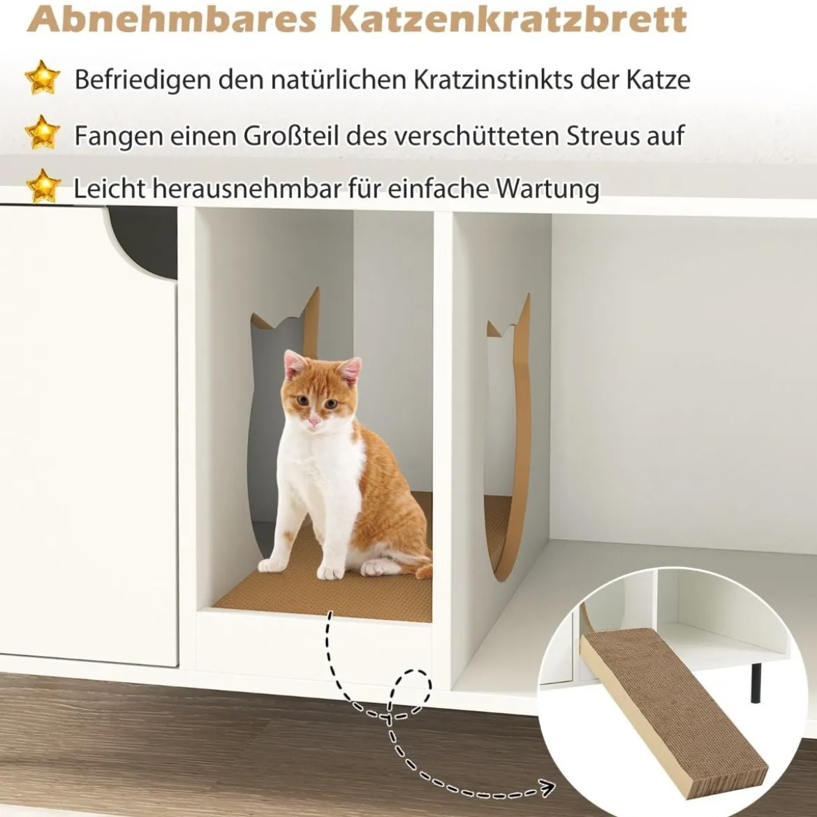 Katzenstreu-Box Verkleidung für 2 Katzen mit Abnehmbarem Kratzbrett Eingang in Katzenform bis 120 kg belastbar