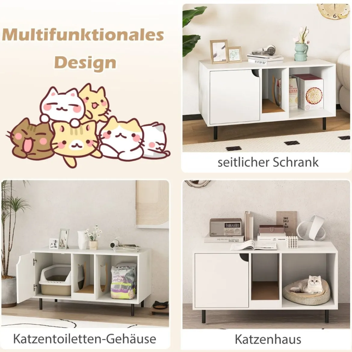 Katzenstreu-Box Verkleidung für 2 Katzen mit Abnehmbarem Kratzbrett Eingang in Katzenform bis 120 kg belastbar