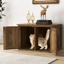 Katzentoilette mit Doppeltür Katzenschrank Trennwand Katzenhaus Katzenklo Schrank Eiche