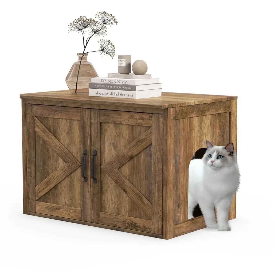 Katzentoilette mit Doppeltür Katzenschrank Trennwand Katzenhaus Katzenklo Schrank Eiche