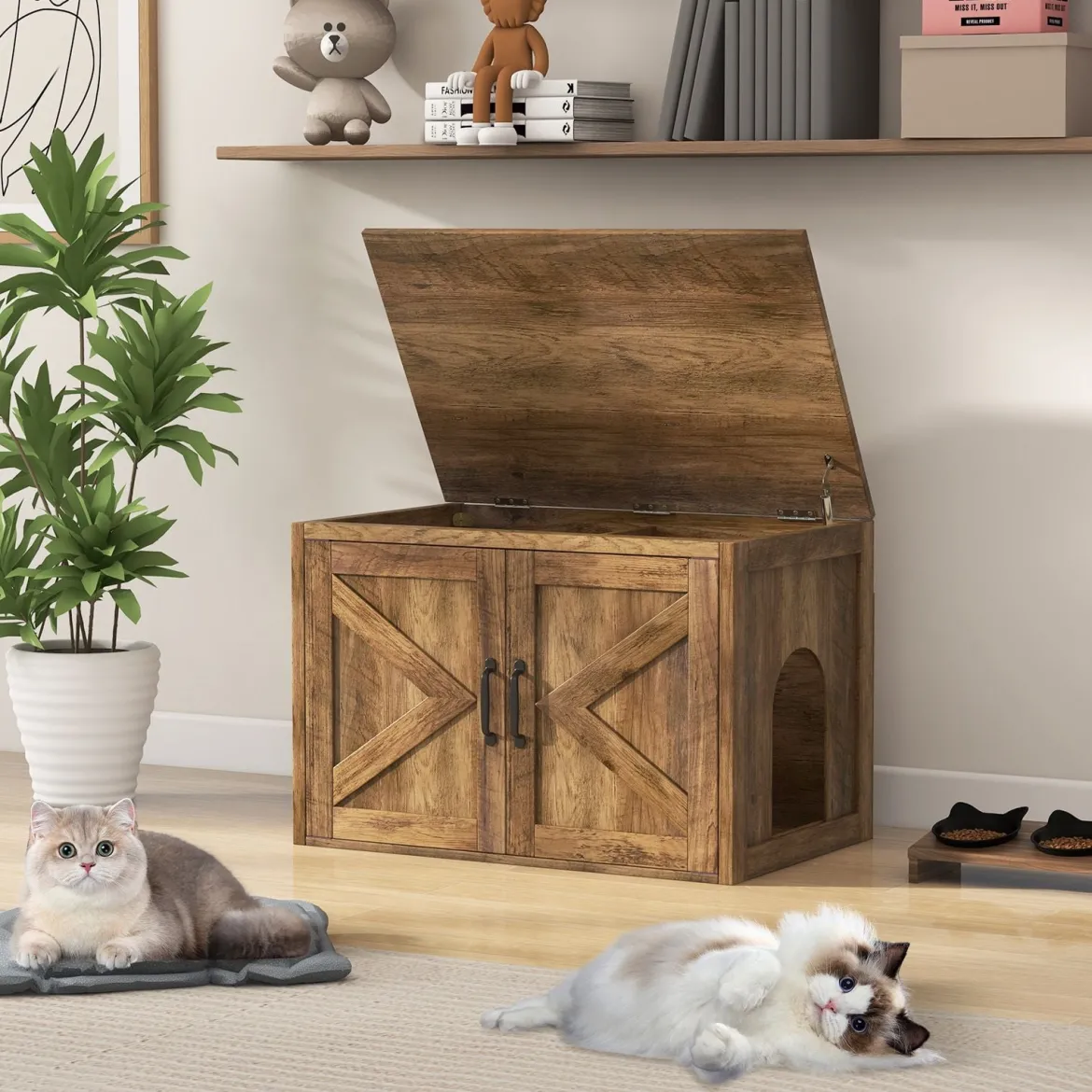 Katzentoilette mit Doppeltür Katzenschrank Trennwand Katzenhaus Katzenklo Schrank Eiche