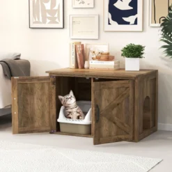 Katzentoilette mit Doppeltür Katzenschrank Trennwand Katzenhaus Katzenklo Schrank Eiche