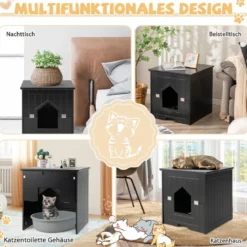 Katzentoiletten-Gehäuse mit magnetischer halber Klapptür & Katzenloch Schwarz