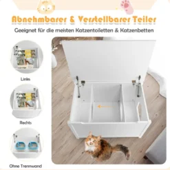 Katzentoiletten Gehäuse mit oberer Öffnung & abnehmbarer Trennwand & Metallhaken & Bein aus Kiefernholz Weiß