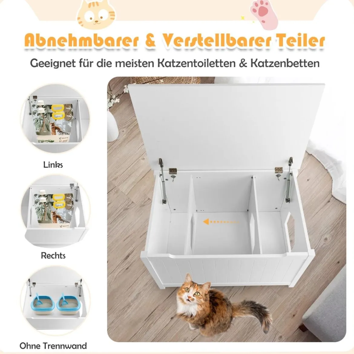 Katzentoiletten Gehäuse mit oberer Öffnung & abnehmbarer Trennwand & Metallhaken & Bein aus Kiefernholz Weiß