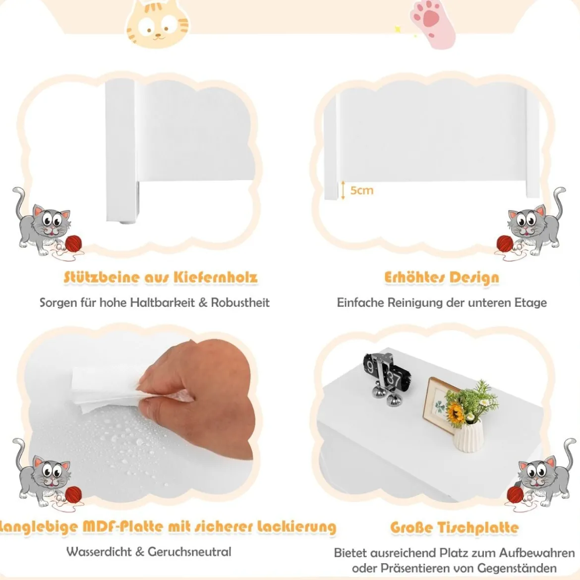 Katzentoiletten Gehäuse mit oberer Öffnung & abnehmbarer Trennwand & Metallhaken & Bein aus Kiefernholz Weiß