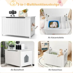 Katzentoiletten Gehäuse mit oberer Öffnung & abnehmbarer Trennwand & Metallhaken & Bein aus Kiefernholz Weiß