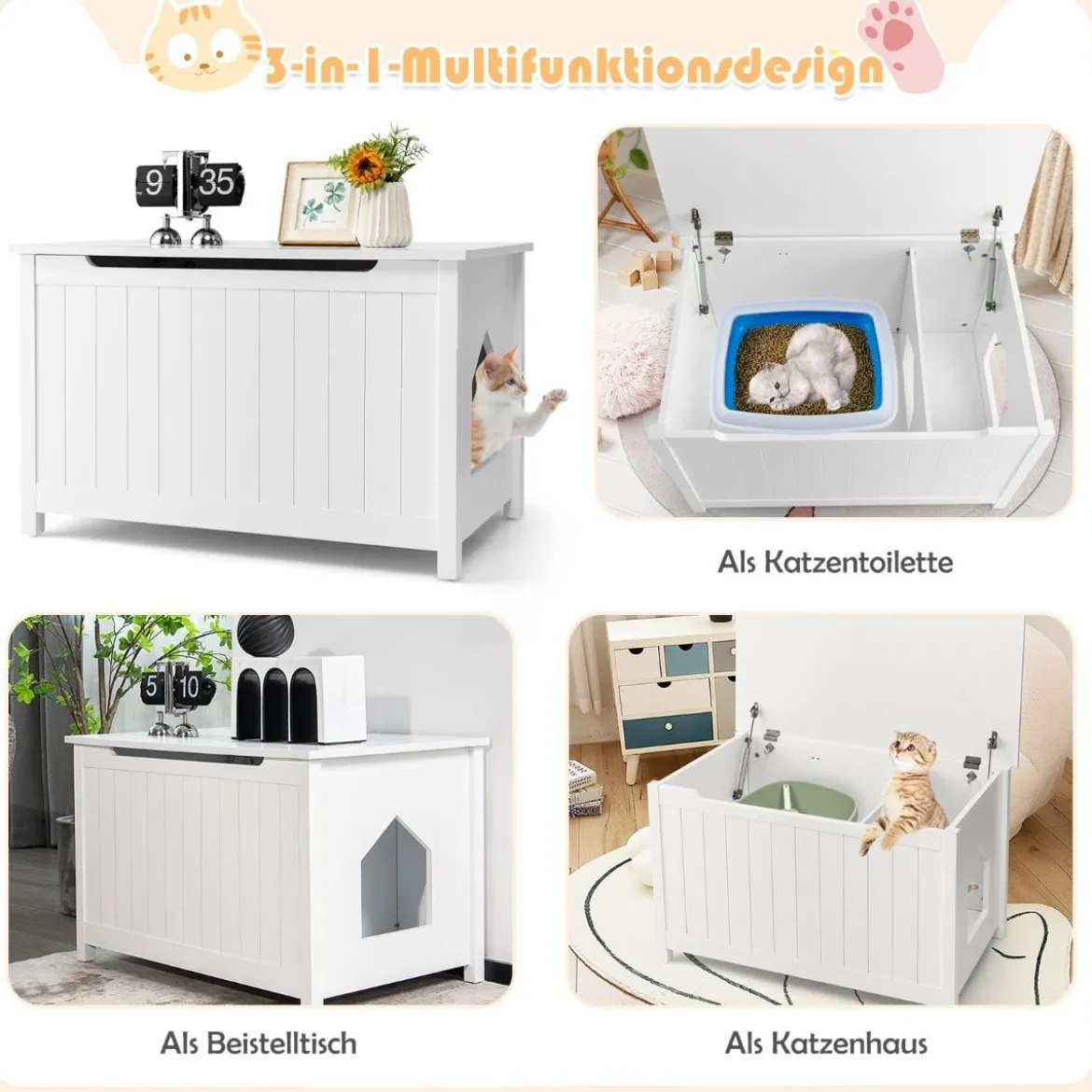 Katzentoiletten Gehäuse mit oberer Öffnung & abnehmbarer Trennwand & Metallhaken & Bein aus Kiefernholz Weiß