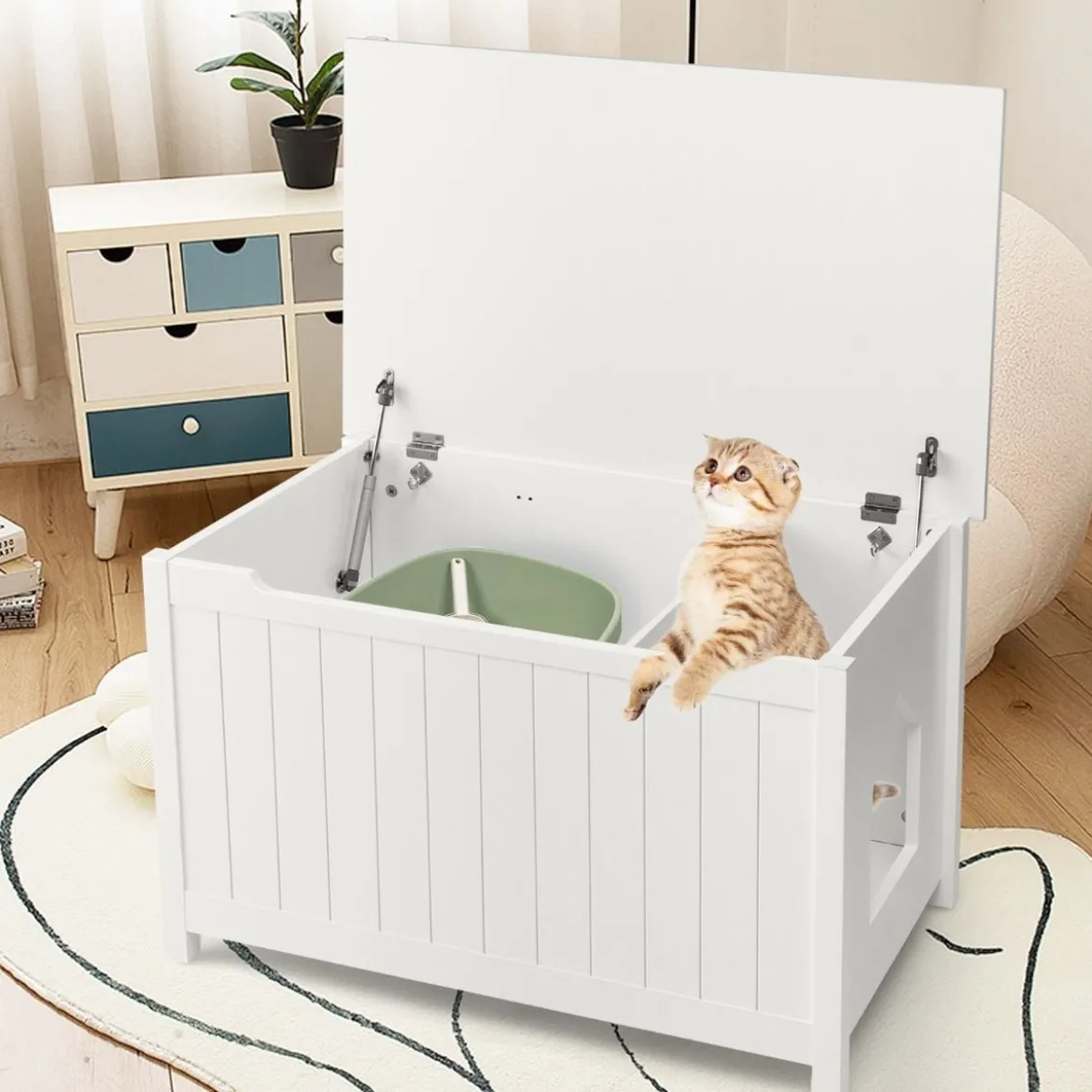 Katzentoiletten Gehäuse mit oberer Öffnung & abnehmbarer Trennwand & Metallhaken & Bein aus Kiefernholz Weiß