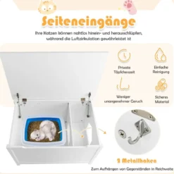 Katzentoiletten Gehäuse mit oberer Öffnung & abnehmbarer Trennwand & Metallhaken & Bein aus Kiefernholz Weiß