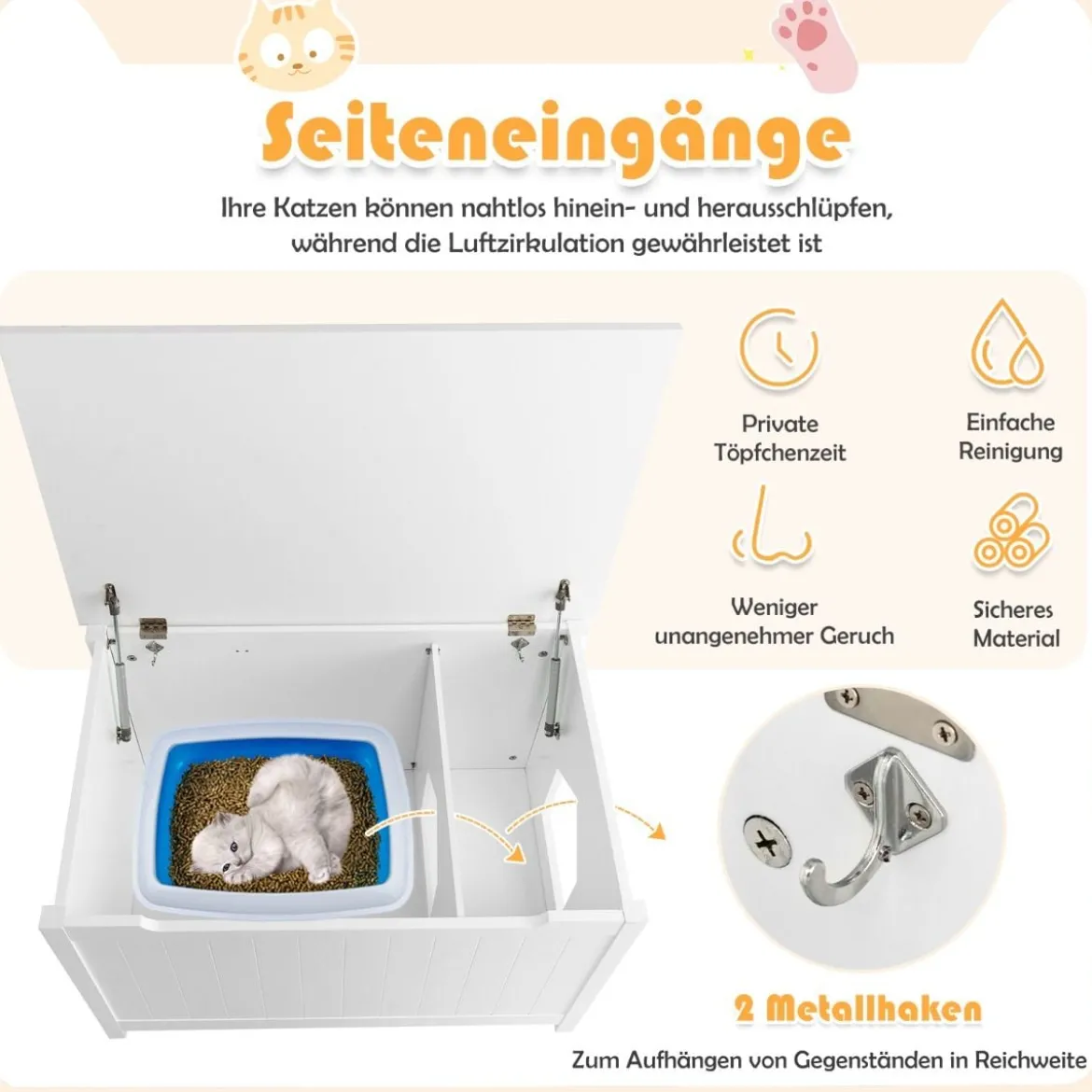 Katzentoiletten Gehäuse mit oberer Öffnung & abnehmbarer Trennwand & Metallhaken & Bein aus Kiefernholz Weiß