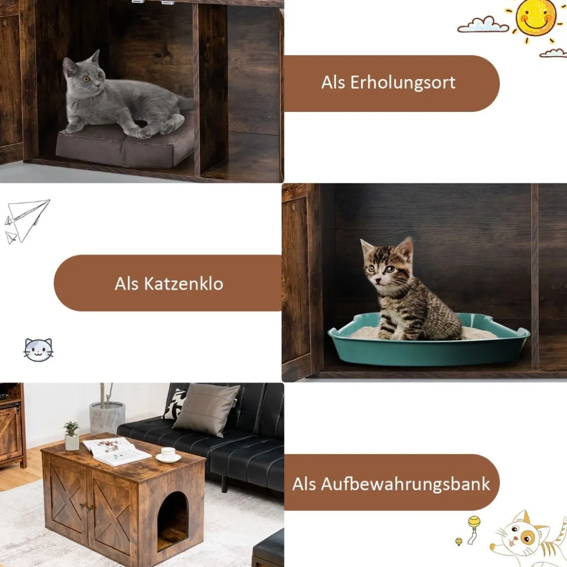 Katzentoiletten-Gehäuse mit Türen & abnehmbarer Zwischenwand 80 x 52,5x 49 cm Braun