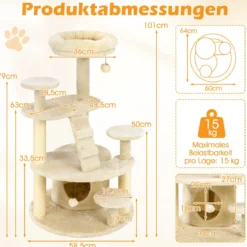 Katzenturm für erwachsene Katzen mehrstufiger Kletterbaum mit Höhle gepolstertem Sitz Beige