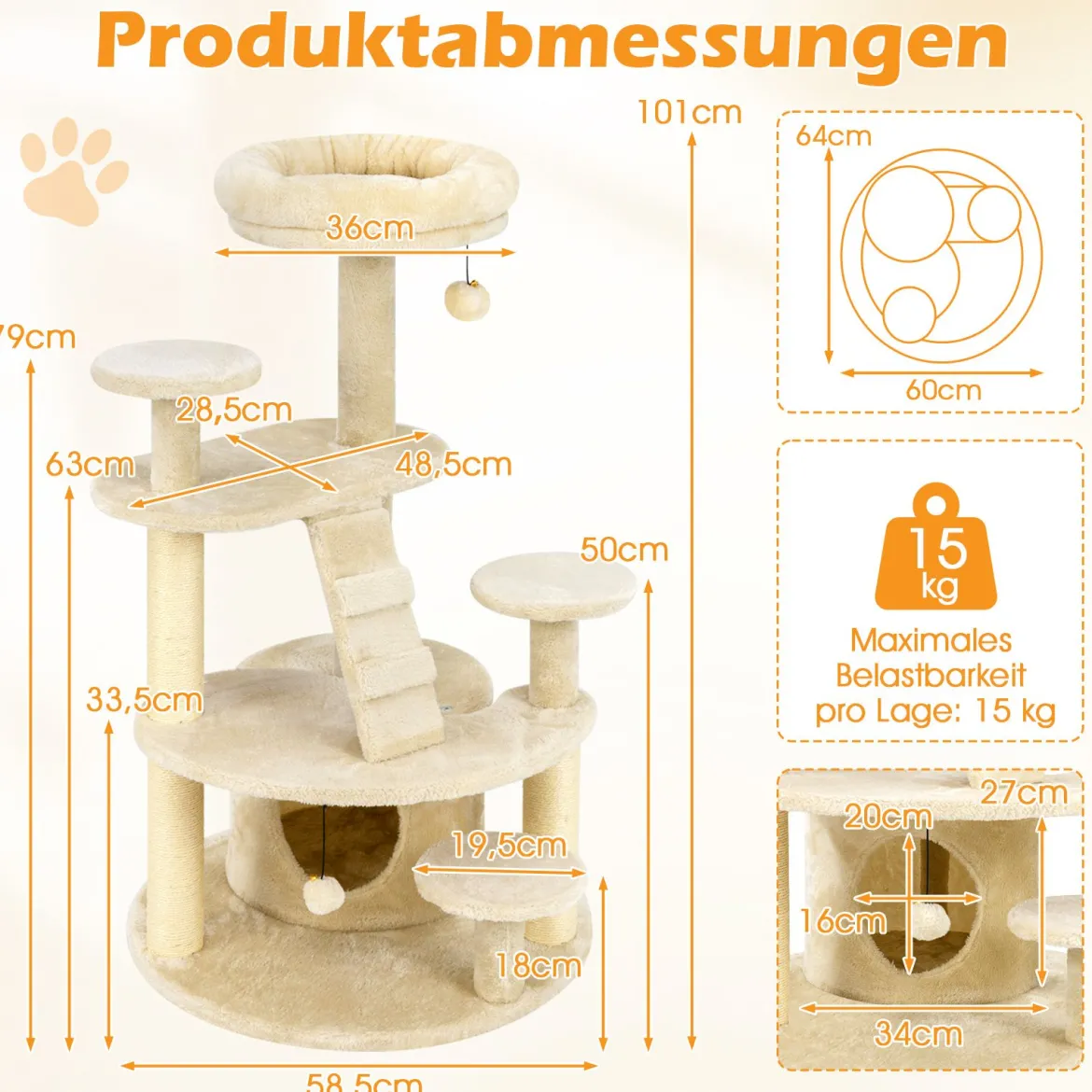 Katzenturm für erwachsene Katzen mehrstufiger Kletterbaum mit Höhle gepolstertem Sitz Beige