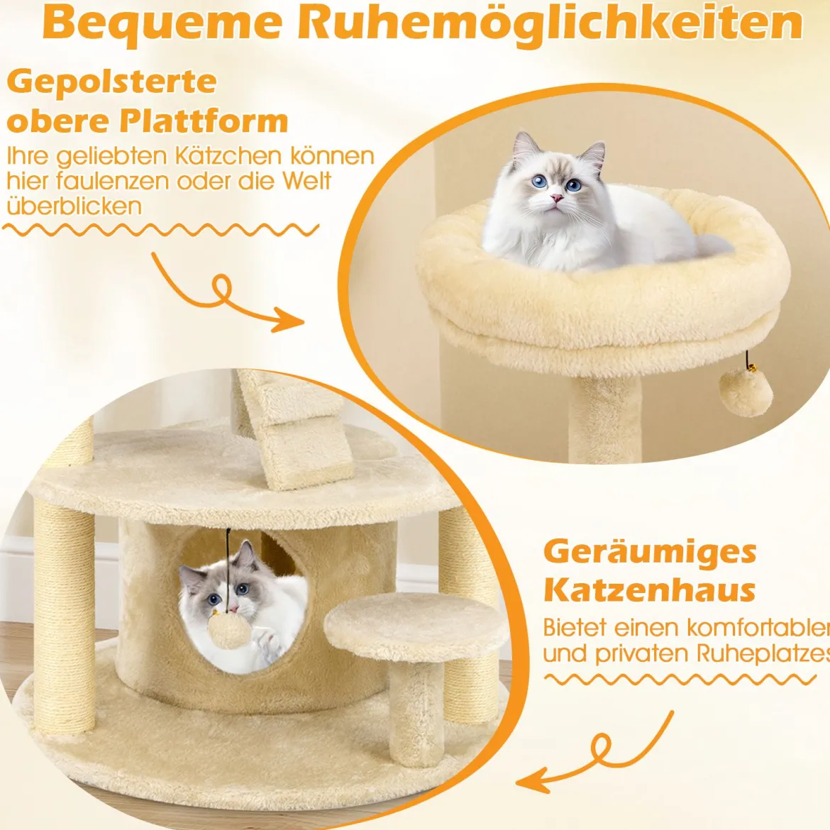 Katzenturm für erwachsene Katzen mehrstufiger Kletterbaum mit Höhle gepolstertem Sitz Beige