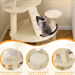 Katzenturm für erwachsene Katzen mehrstufiger Kletterbaum mit Höhle gepolstertem Sitz Beige