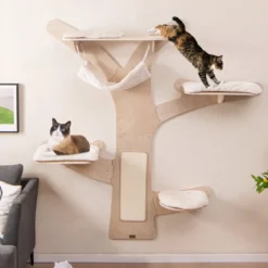 Katzenturm zur Wandmontage mit Hängematte & 4 Plattformen & Sisal-Kratzmatte Katzenwandregale