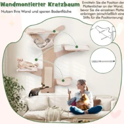 Katzenturm zur Wandmontage mit Hängematte & 4 Plattformen & Sisal-Kratzmatte Katzenwandregale