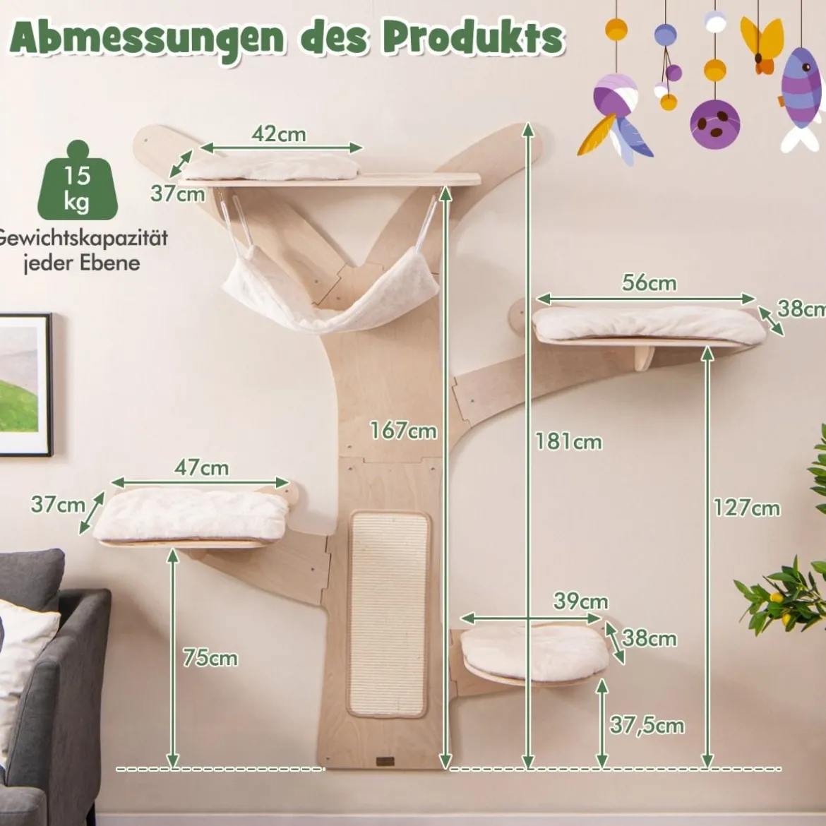 Katzenturm zur Wandmontage mit Hängematte & 4 Plattformen & Sisal-Kratzmatte Katzenwandregale