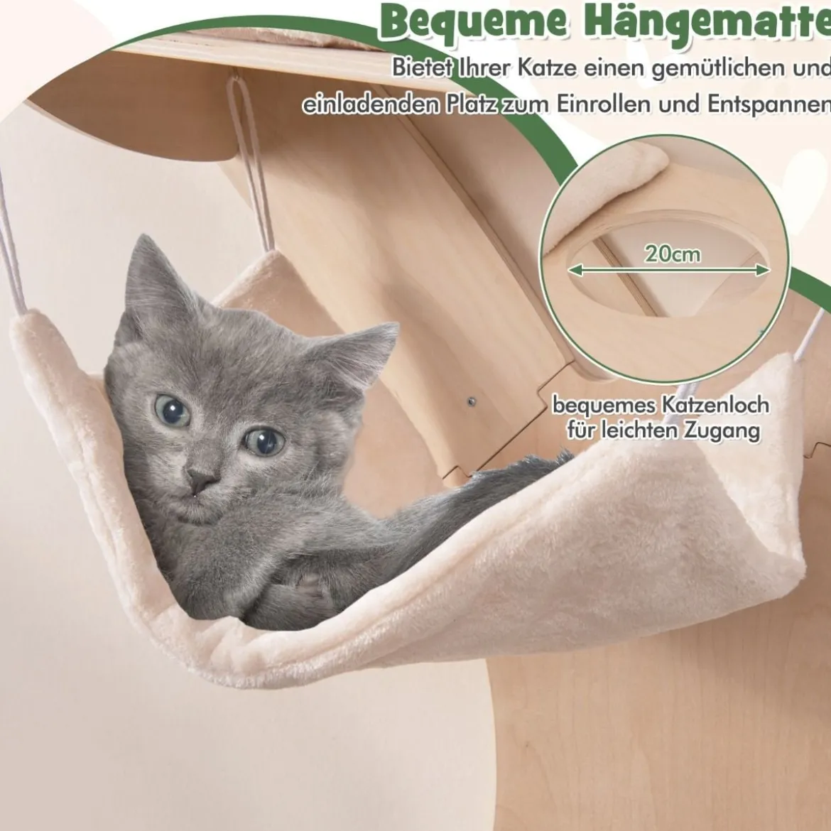 Katzenturm zur Wandmontage mit Hängematte & 4 Plattformen & Sisal-Kratzmatte Katzenwandregale