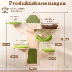 Katzenturm zur Wandmontage mit Bett & Hängematte & Sisalpfosten Katzenwandregal