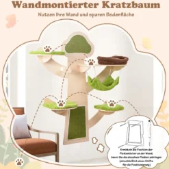 Katzenturm zur Wandmontage mit Bett & Hängematte & Sisalpfosten Katzenwandregal