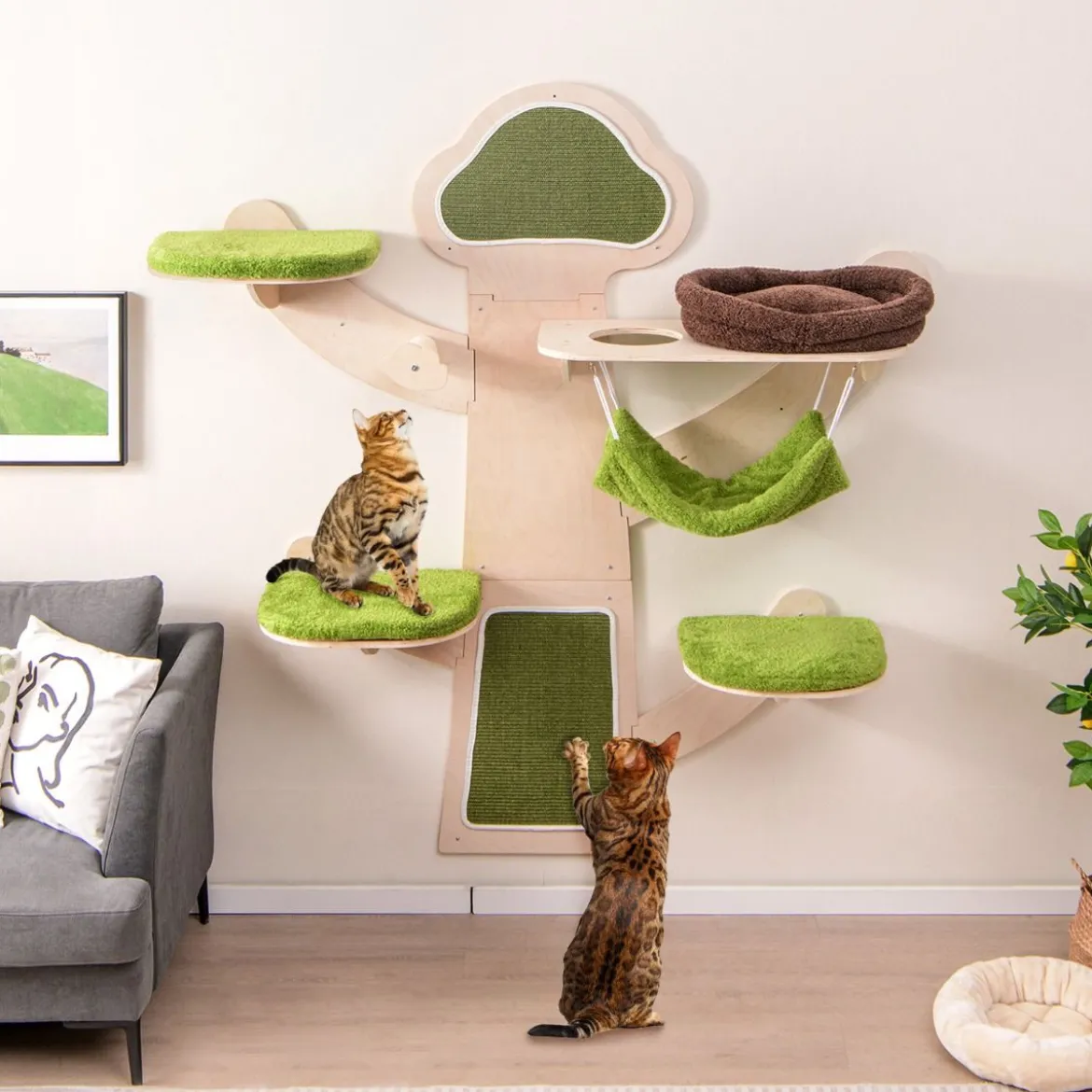 Katzenturm zur Wandmontage mit Bett & Hängematte & Sisalpfosten Katzenwandregal