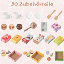 Kaufladen 30TLG. Kaufmannsladen Holz mit Verkaufsautomat & Kasse & Kaffeemaschine Rosa