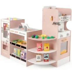 Kaufladen 30TLG. Kaufmannsladen Holz mit Verkaufsautomat & Kasse & Kaffeemaschine Rosa