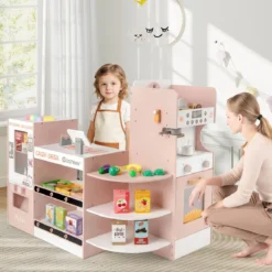 Kaufladen 30TLG. Kaufmannsladen Holz mit Verkaufsautomat & Kasse & Kaffeemaschine Rosa