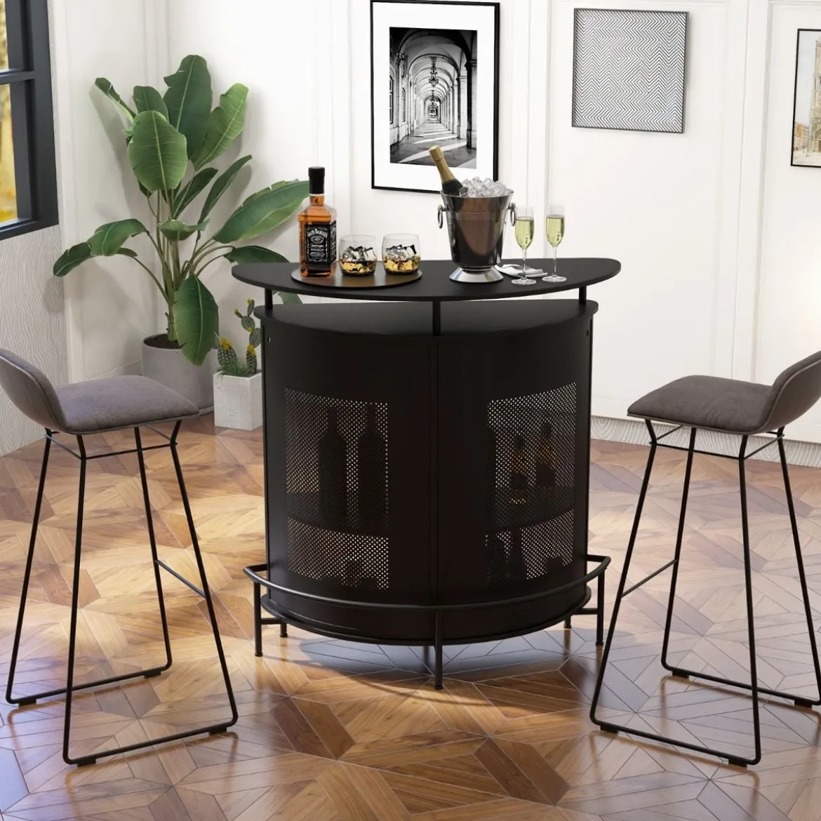 Küche Bartisch mit Stauraum & Fußstütze & verstellbare Füße Küchentheke Theke Bar schwarz