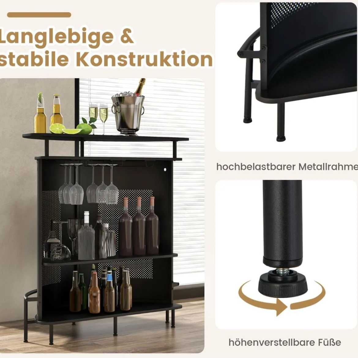 Küche Bartisch mit Stauraum & Fußstütze & verstellbare Füße Küchentheke Theke Bar schwarz