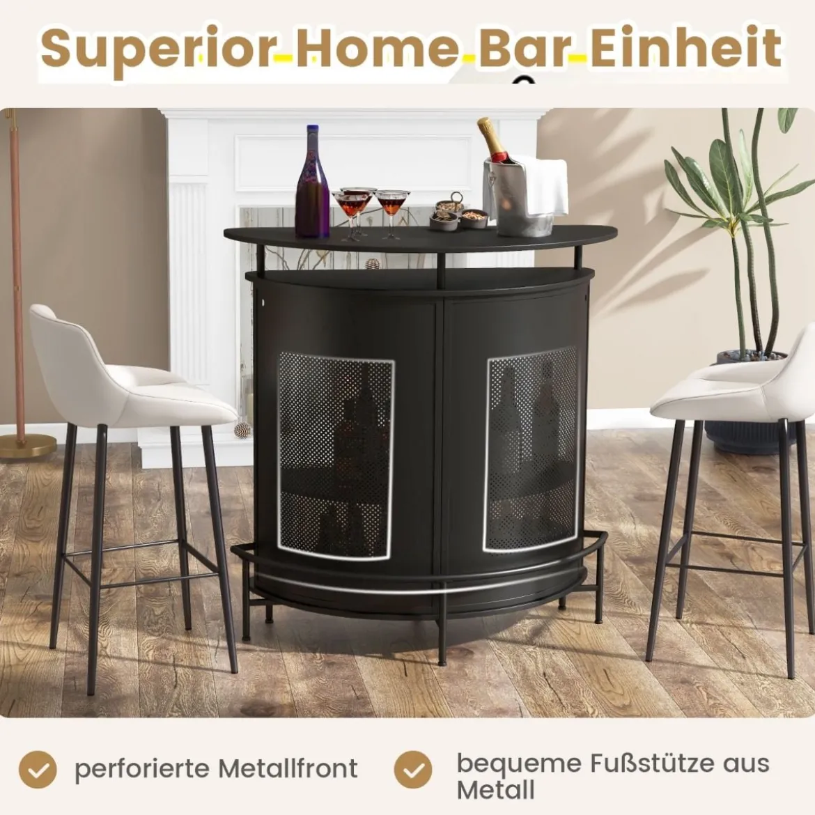 Küche Bartisch mit Stauraum & Fußstütze & verstellbare Füße Küchentheke Theke Bar schwarz