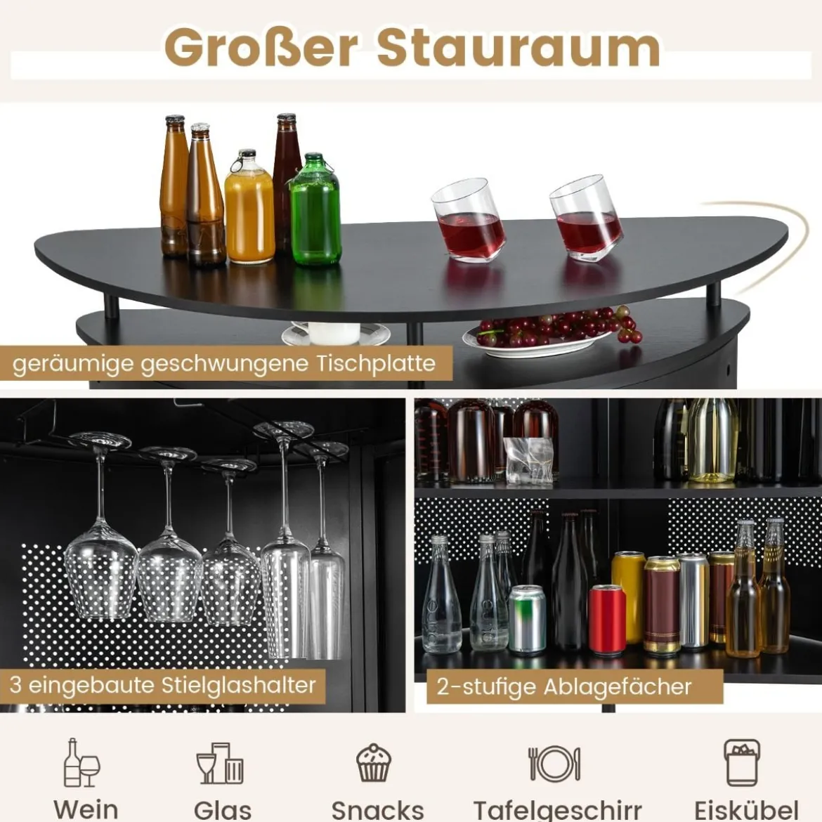 Küche Bartisch mit Stauraum & Fußstütze & verstellbare Füße Küchentheke Theke Bar schwarz