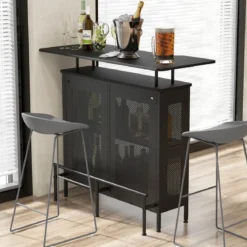 Küche Bartisch mit2 Weinregalen & 6 Glashaltern & Verstellbare Füße 120 x 50 x 106,5 cm Schwarz