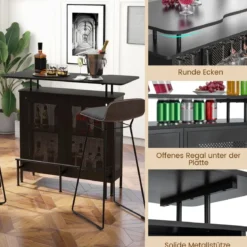 Küche Bartisch mit2 Weinregalen & 6 Glashaltern & Verstellbare Füße 120 x 50 x 106,5 cm Schwarz