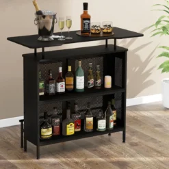Küche Bartisch mit2 Weinregalen & 6 Glashaltern & Verstellbare Füße 120 x 50 x 106,5 cm Schwarz