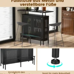 Küche Bartisch mit2 Weinregalen & 6 Glashaltern & Verstellbare Füße 120 x 50 x 106,5 cm Schwarz