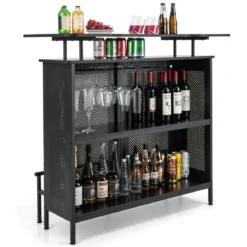 Küche Bartisch mit2 Weinregalen & 6 Glashaltern & Verstellbare Füße 120 x 50 x 106,5 cm Schwarz