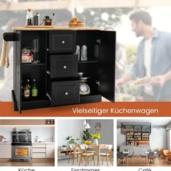 Kücheninsel auf Rädern mit Arbeitsplatte aus Gummiholz & Verstellbaren RegalenKüchenwagen Schwarz