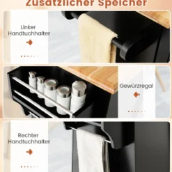 Kücheninsel auf Rädern mit Arbeitsplatte aus Gummiholz & Verstellbaren RegalenKüchenwagen Schwarz