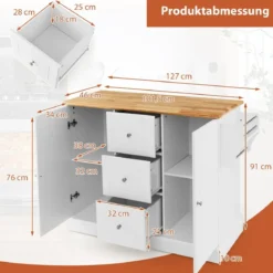 Kücheninsel auf Rädern mit Arbeitsplatte aus Gummiholz Küchenwagen mit Verstellbaren Regalen