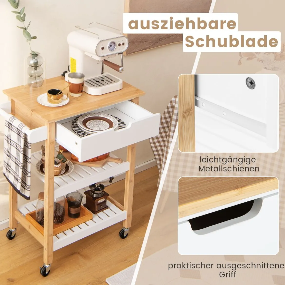 Kücheninsel aus Bambus mit ausziehbarer Schublade seitlichem Schiebegriff 2 offenen Regalen rollbarer MikrowellenwagenNatur