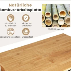 Kücheninsel aus Bambus mit ausziehbarer Schublade seitlichem Schiebegriff 2 offenen Regalen rollbarer MikrowellenwagenNatur